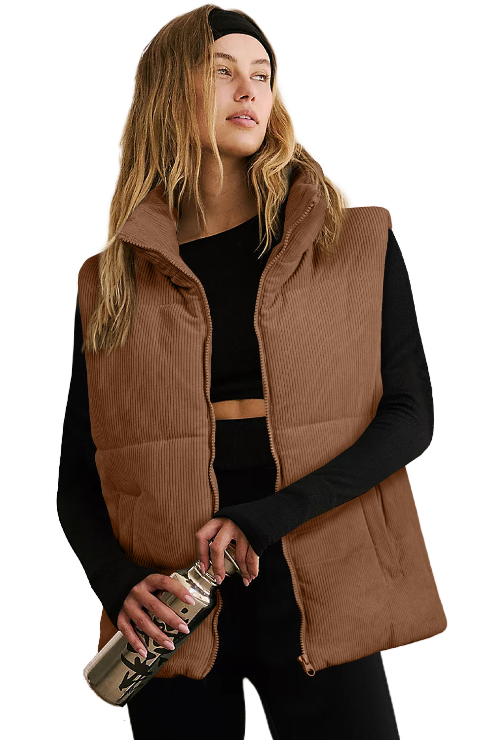 Coffee Solid Color Corduroy Puffer Vest Coat