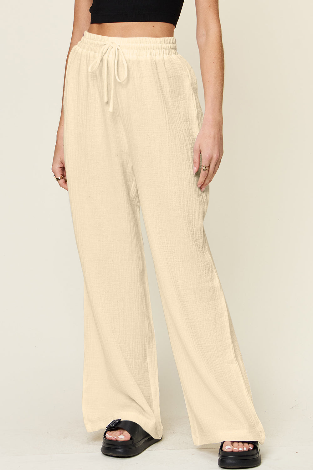 Full Size Texture Drawstring Wide Leg Pants