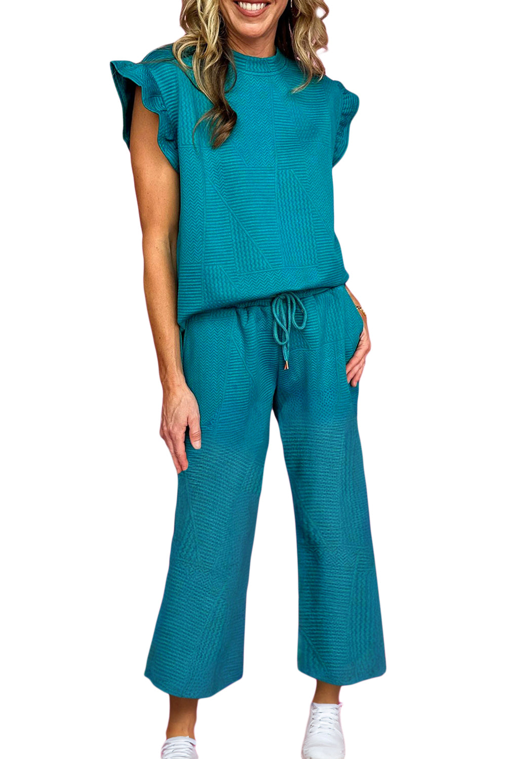 Dark Green Textured Ruffle Summer Top and Drawstring Pants Set