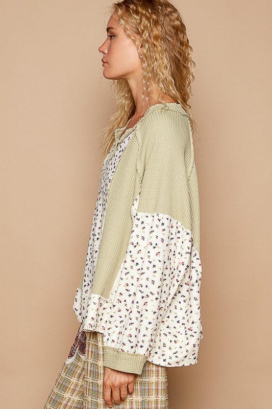 Waffle Knit Floral Notched Long Sleeve Top - PD SECRET REALM