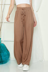 Brown Casual Drawstring Shirred Elastic Waist Wide Leg Pants