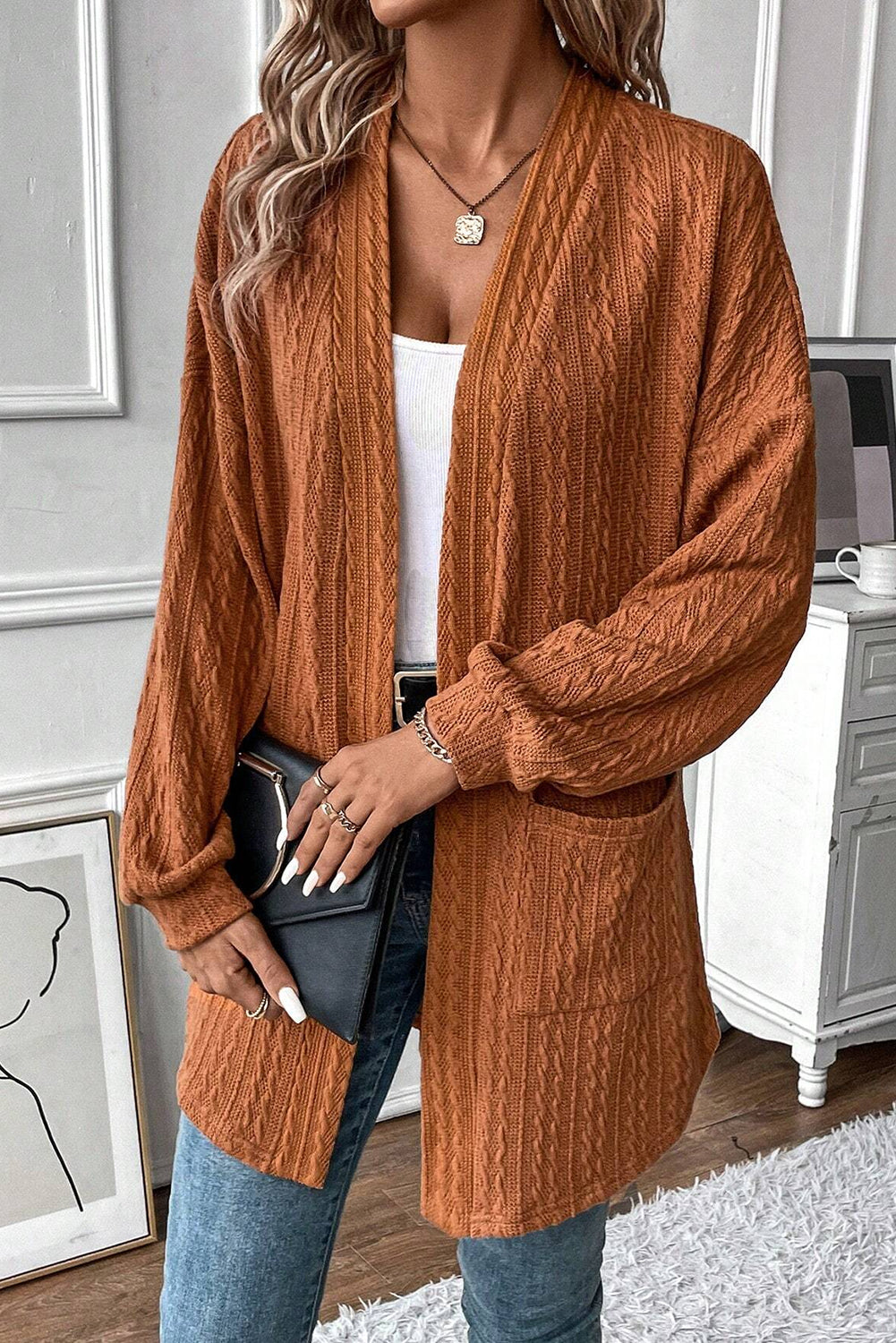 Canton Textured Knit Side Pockets Open Front Cardigan