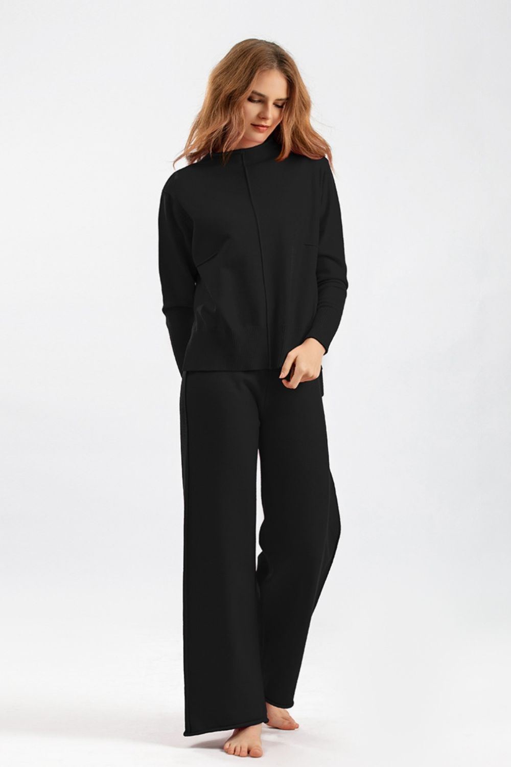 Mock Neck Long Sleeve Top and Pants Sweater Set