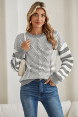 Gray Stripe Twisted Knitted Drop Shoulder Sweater