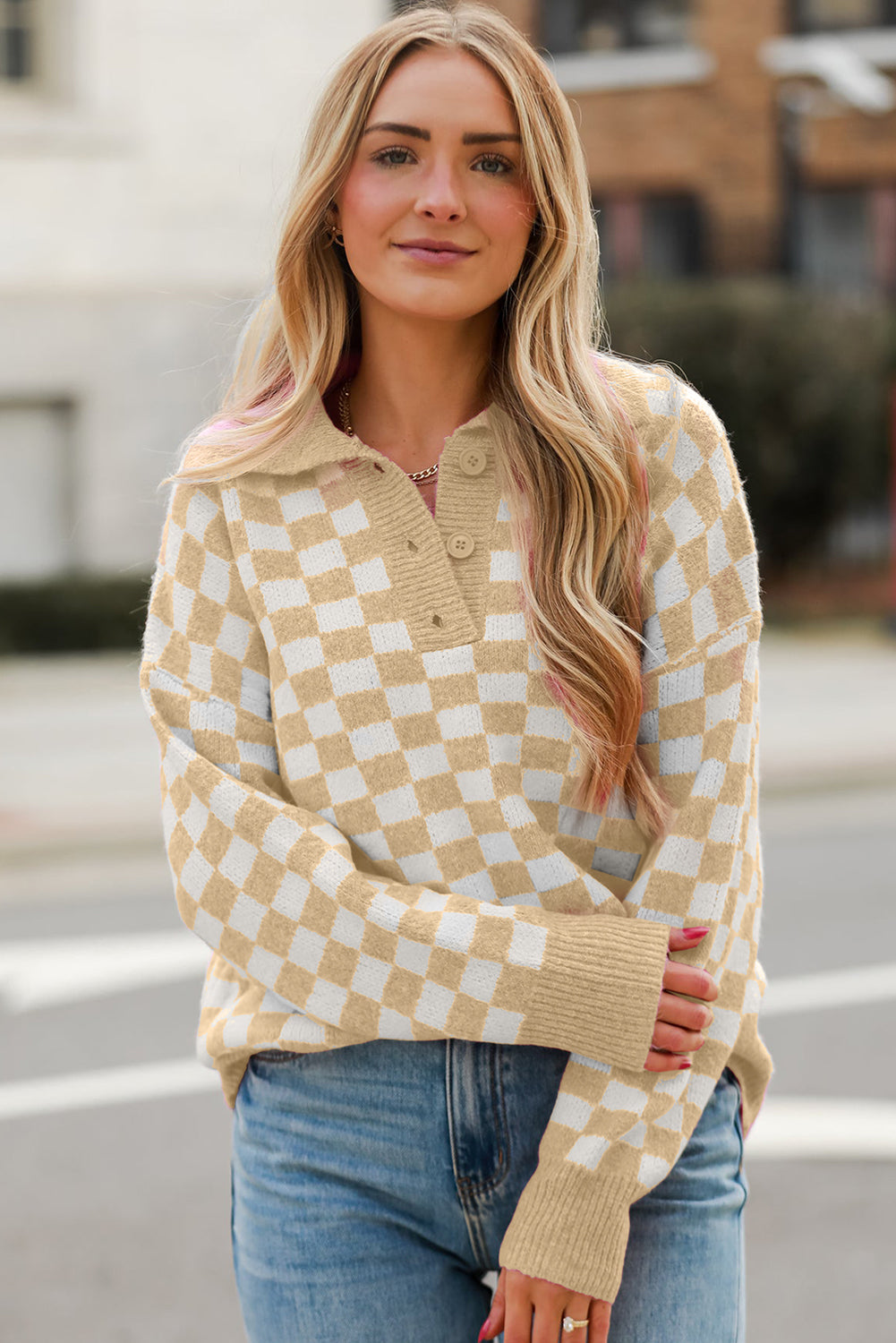 Checkered Collared Neck Long Sleeve Sweater