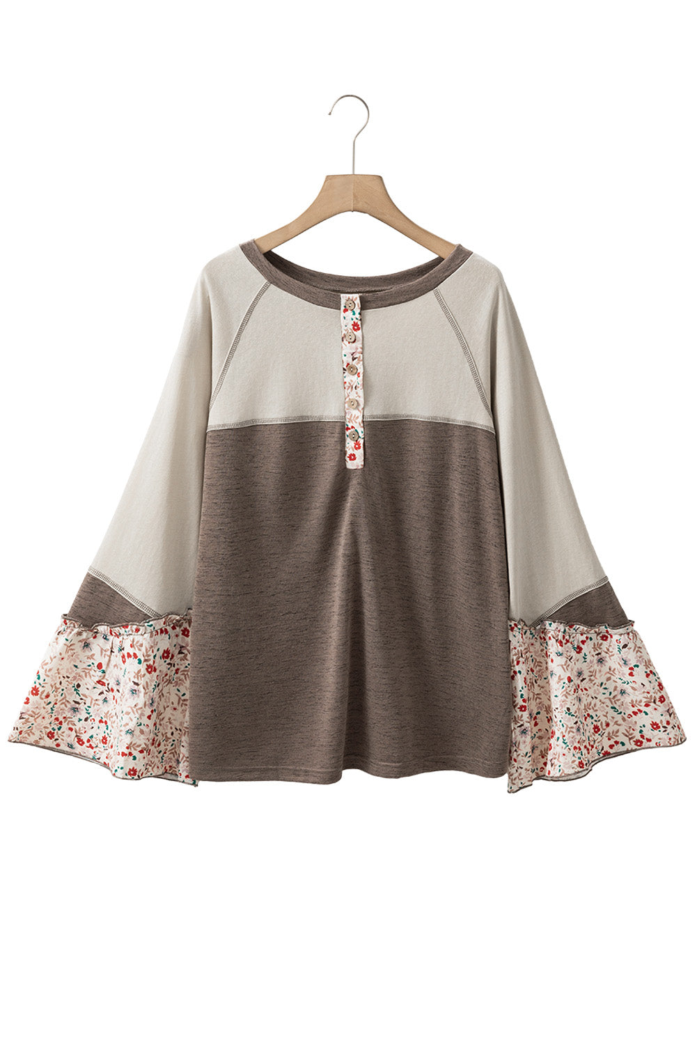 Goat Colorblock Floral Patchwork Flared Sleeve Henley Top