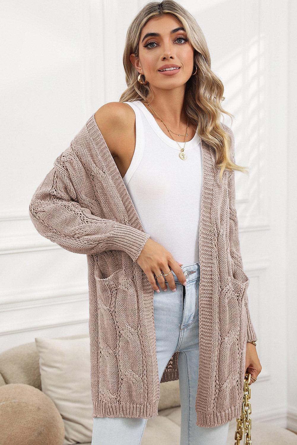 Khaki Ribbed Trim Hollow Knit Side Slits Cardigan