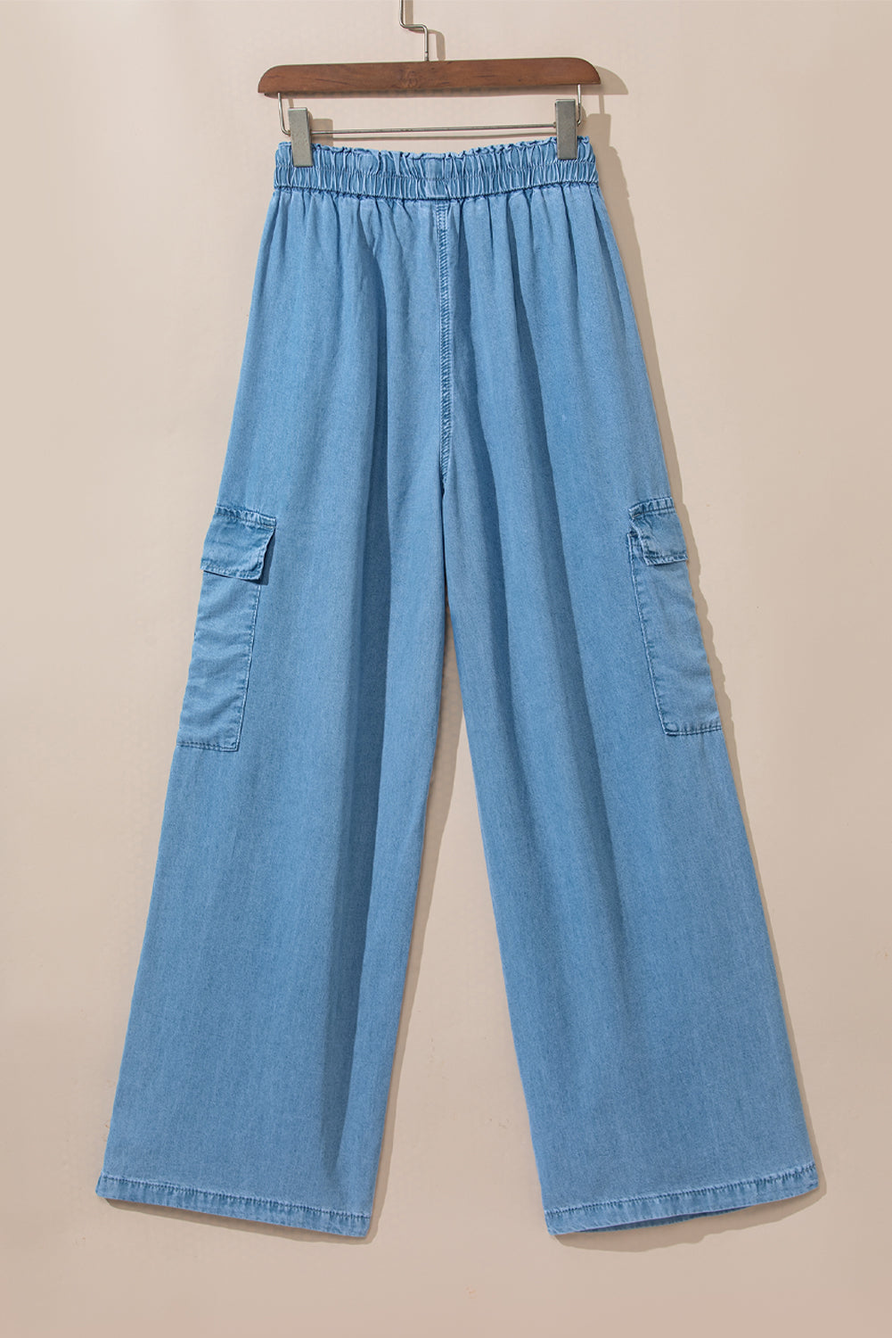 Sky Blue Drawstring High Waist Cargo Pocket Wide Leg Jeans