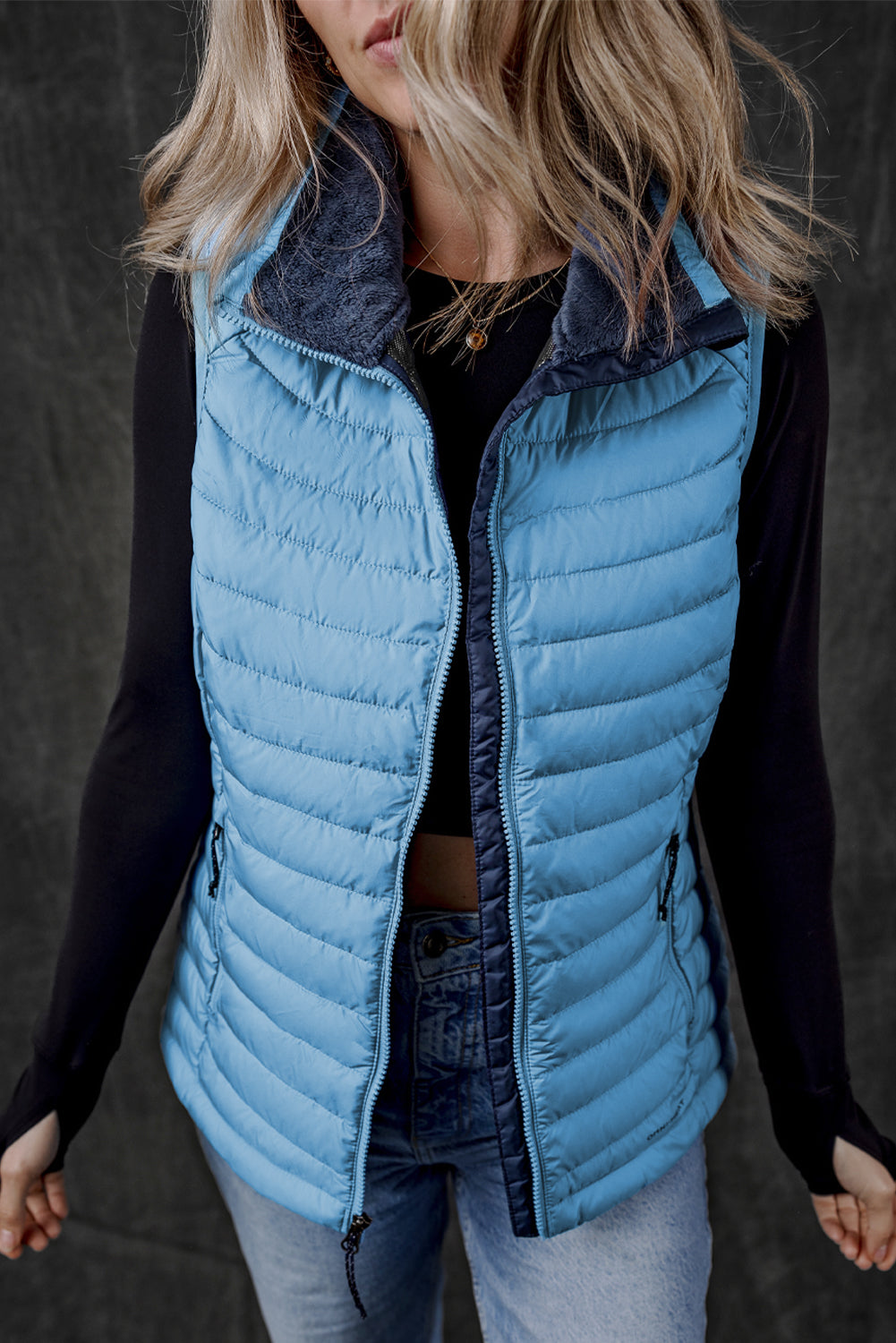 Burgundy Plush Collared Quilted Zipped Puffer Vest