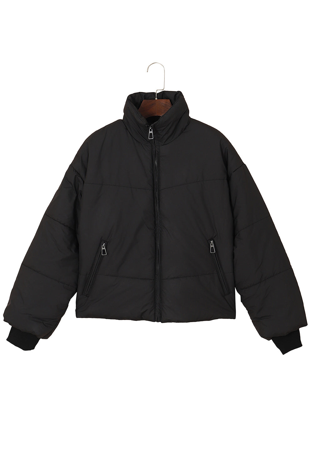 Brown Solid Zip Up Pocketed Puffer Coat