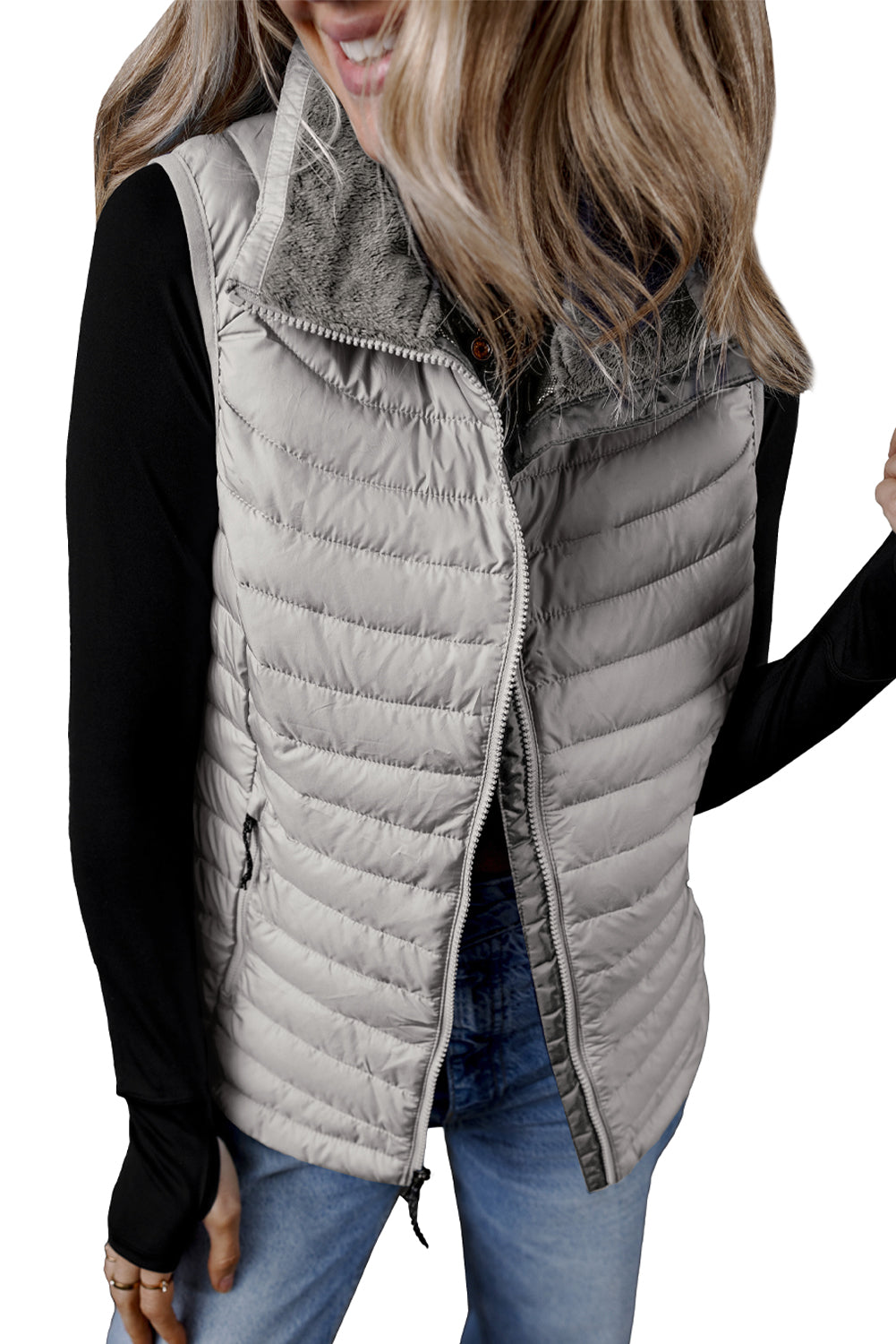 Burgundy Plush Collared Quilted Zipped Puffer Vest