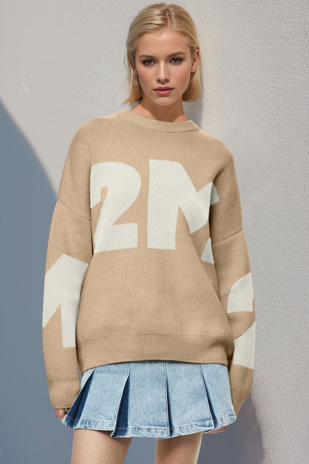 Contrast Letter Round Neck Long Sleeve Sweater