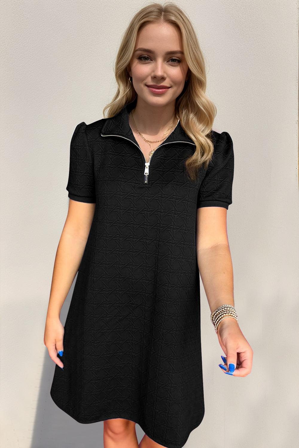 Textured Quarter Zip Short Sleeve Dress - PD SECRET REALM