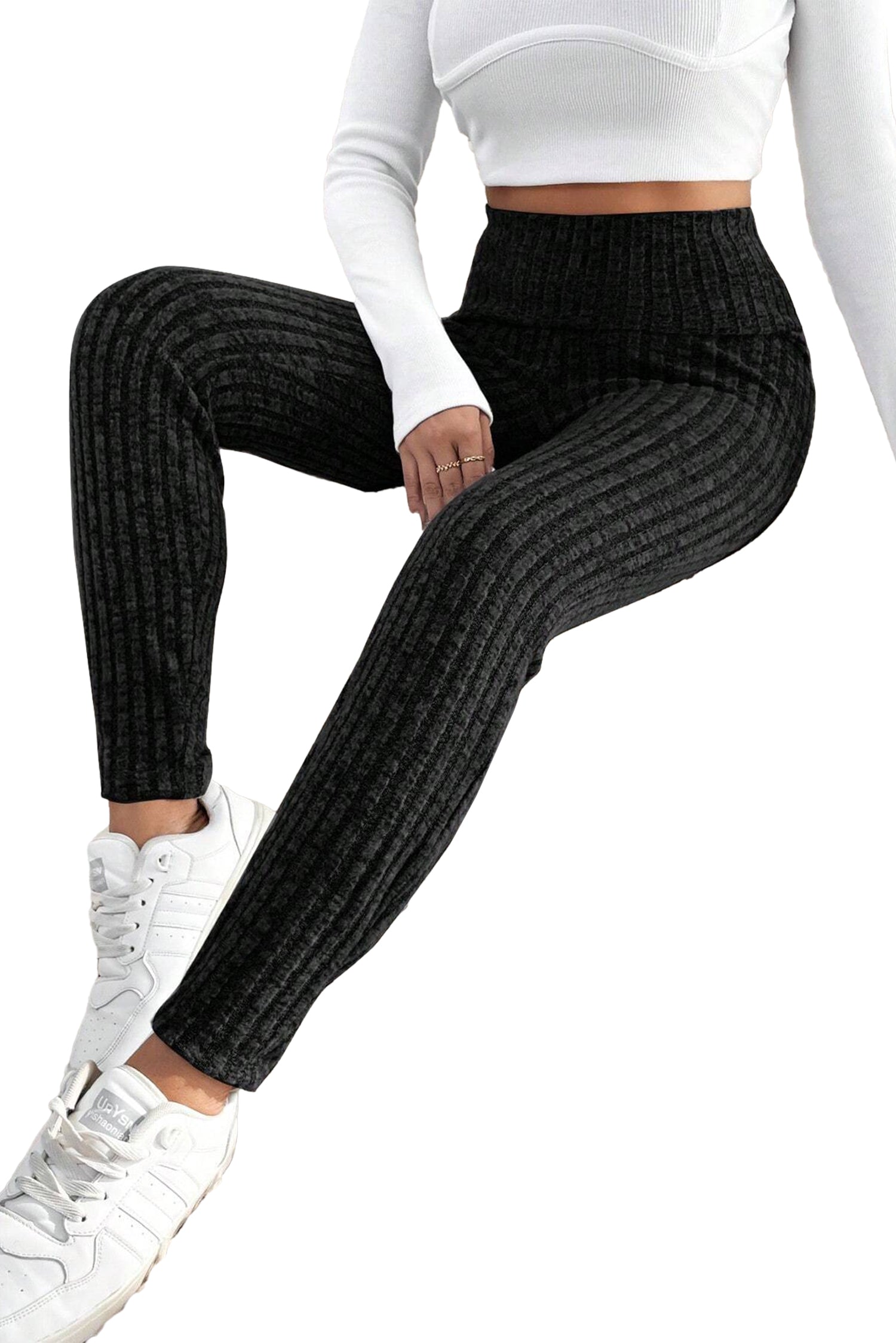 Dark Grey Wide Waistband Ribbed Textured Knit Leggings