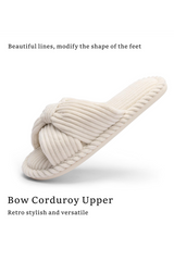 Beige Ribbed Texture Bowknot Winter Slippers