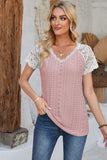 Eyelet V-Neck Lace Short Sleeve T-Shirt - PD SECRET REALM