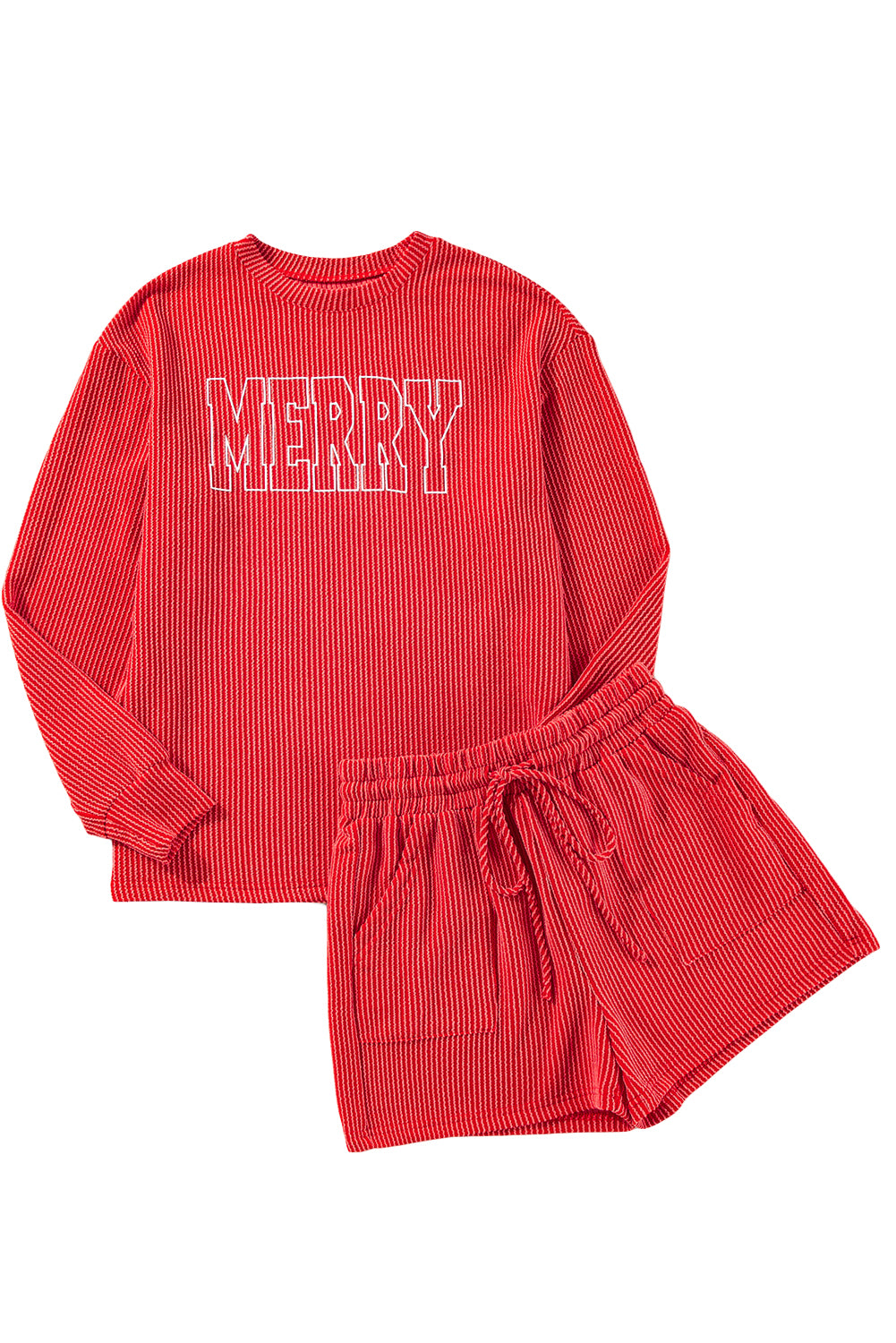 Evergreen Corded MERRY Long Sleeve Top and Shorts Pajama Set