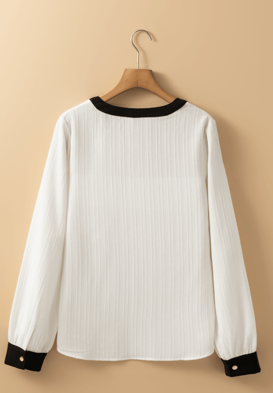 Contrast Notched Long Sleeve Blouse - PD SECRET REALM