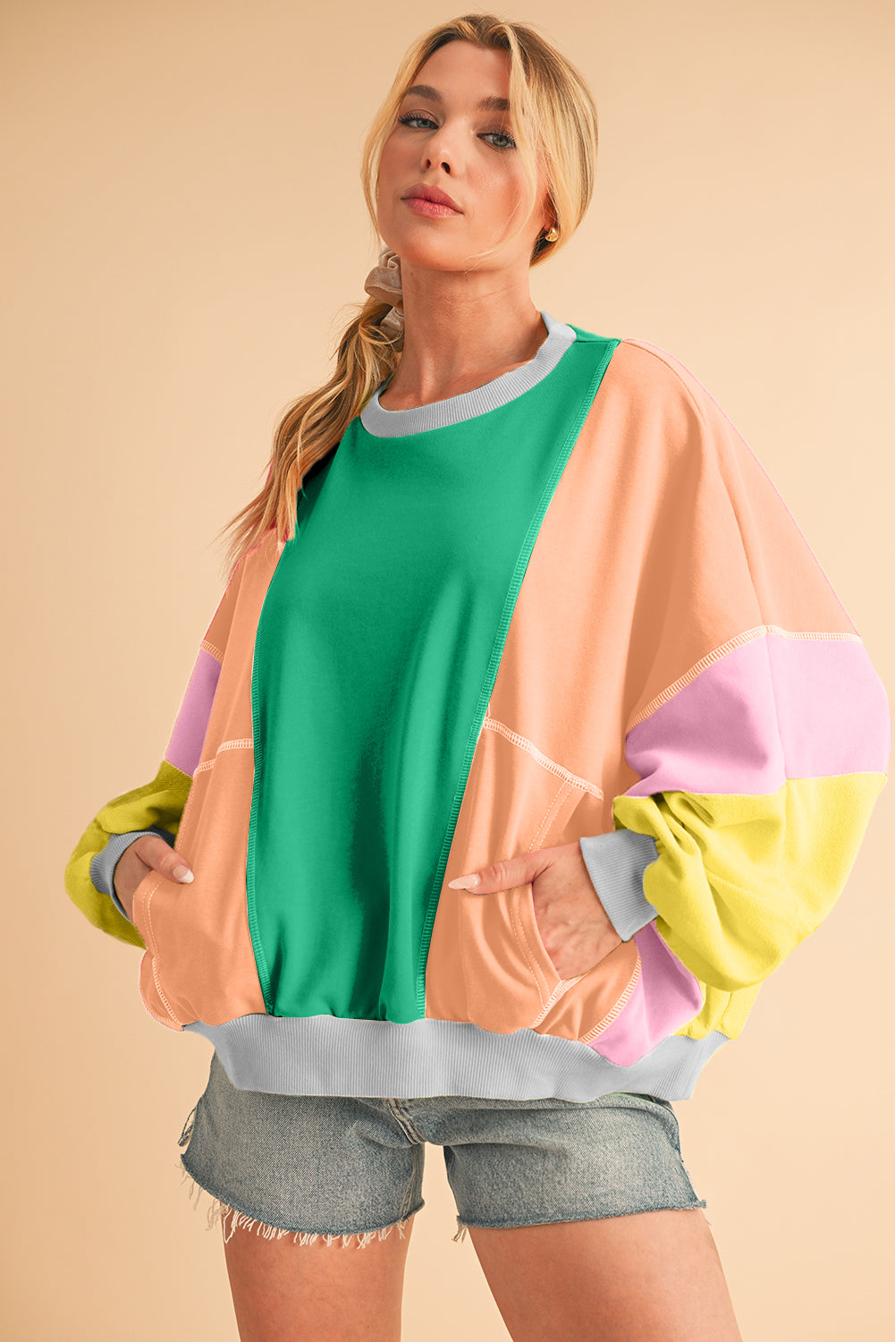 Orchid Petal Colorblock Patchwork Drop Shoulder Top