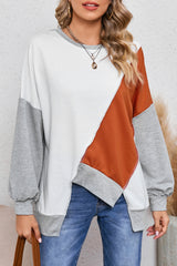 Khaki Colorblock Stitching Irregular Hem Long Sleeve Top