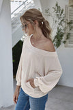 Boat Neck Waffle-Knit Lantern Sleeve Blouse with Pocket - PD SECRET REALM