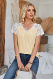 Eyelet V-Neck Lace Short Sleeve T-Shirt - PD SECRET REALM