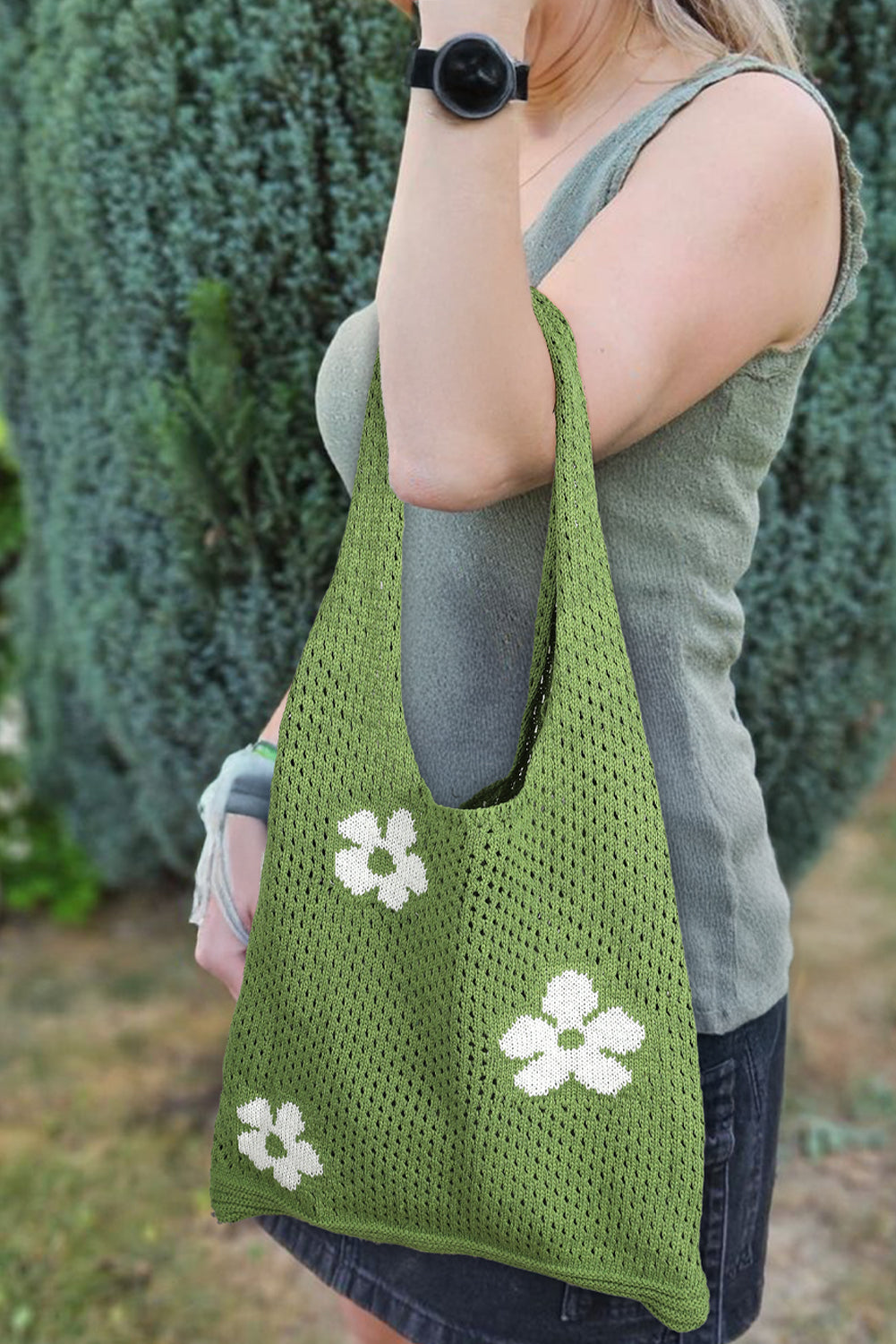 Spinach Green 60s Flower Hollow Knit Shoulder Bag