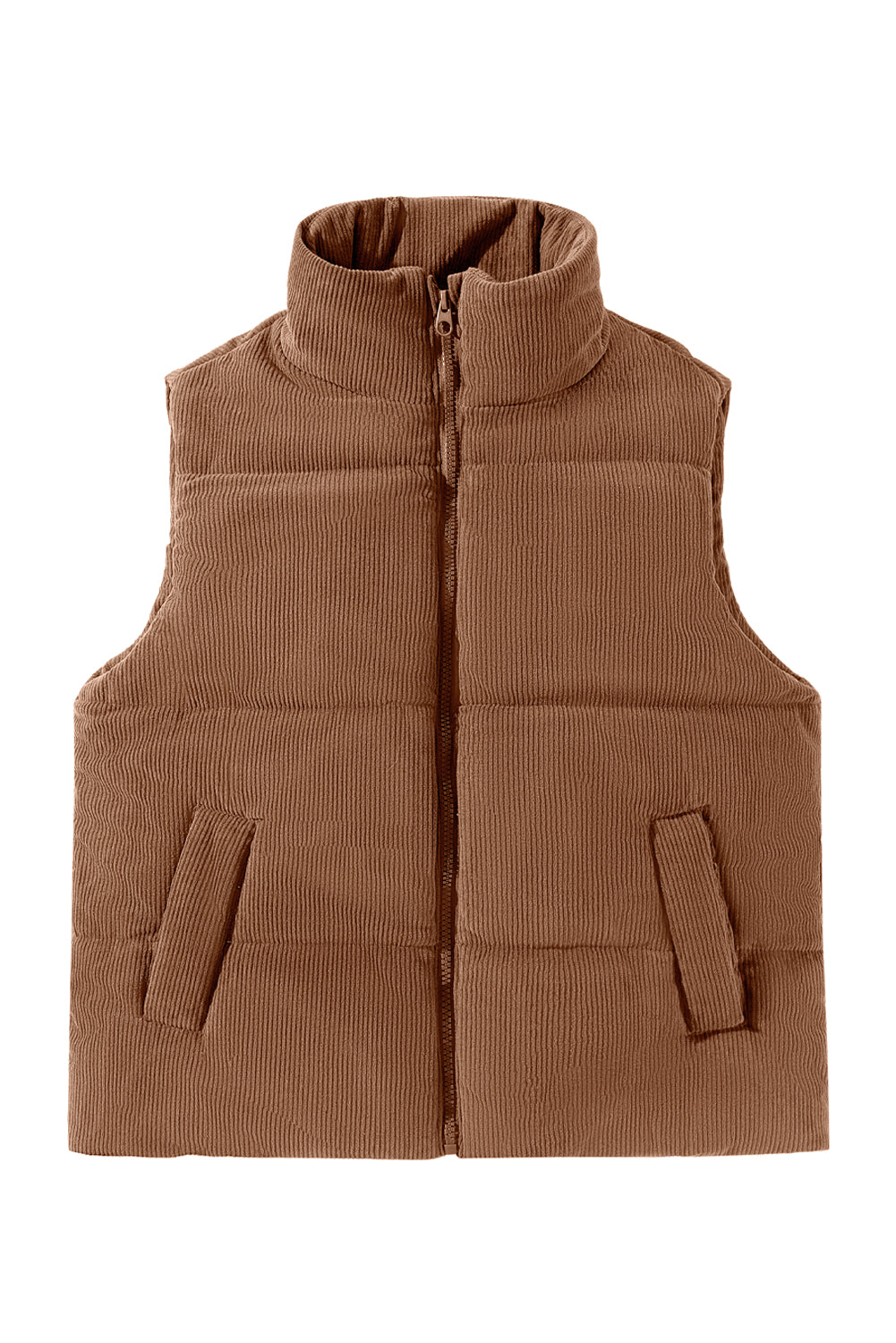 Coffee Solid Color Corduroy Puffer Vest Coat