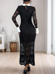 Perfee Lace Contrast Collared Neck Long Sleeve Midi Dress - PD SECRET REALM