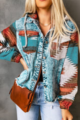 Multicolor Geometric Print Frayed Hem Denim Jacket