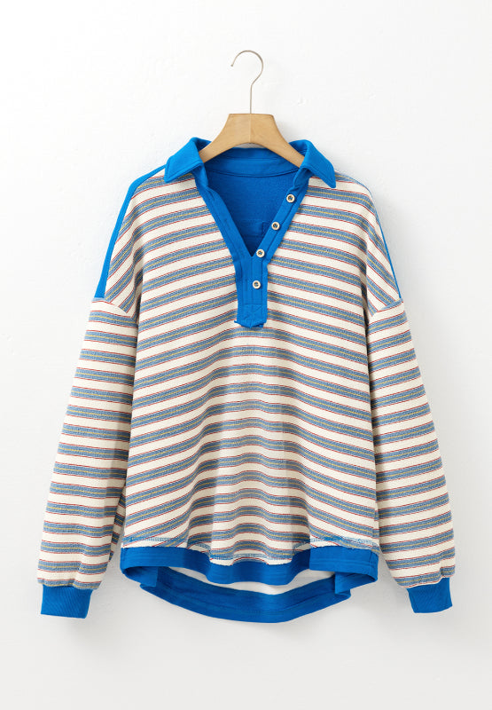 Striped Johnny Collar Long Sleeve Sweatshirt