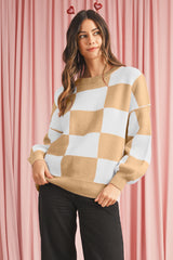 Green Checkered Bishop Sleeve Pullover Sweater