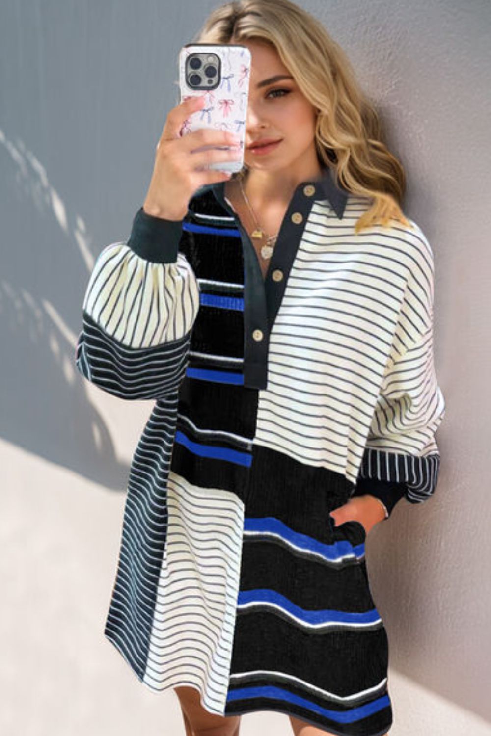 Full Size Striped Half Button Long Sleeve Mini Dress