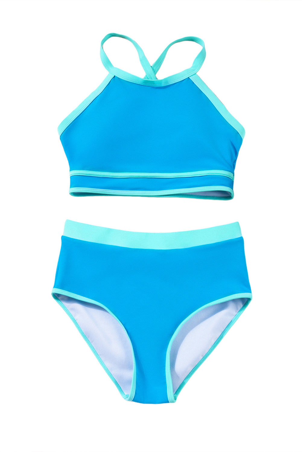 Blue Contrast Trim Crisscross Back High Waisted Bikini