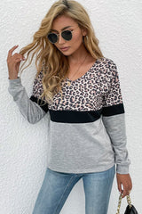 Perfee Leopard Color Block V-Neck Long Sleeve Top