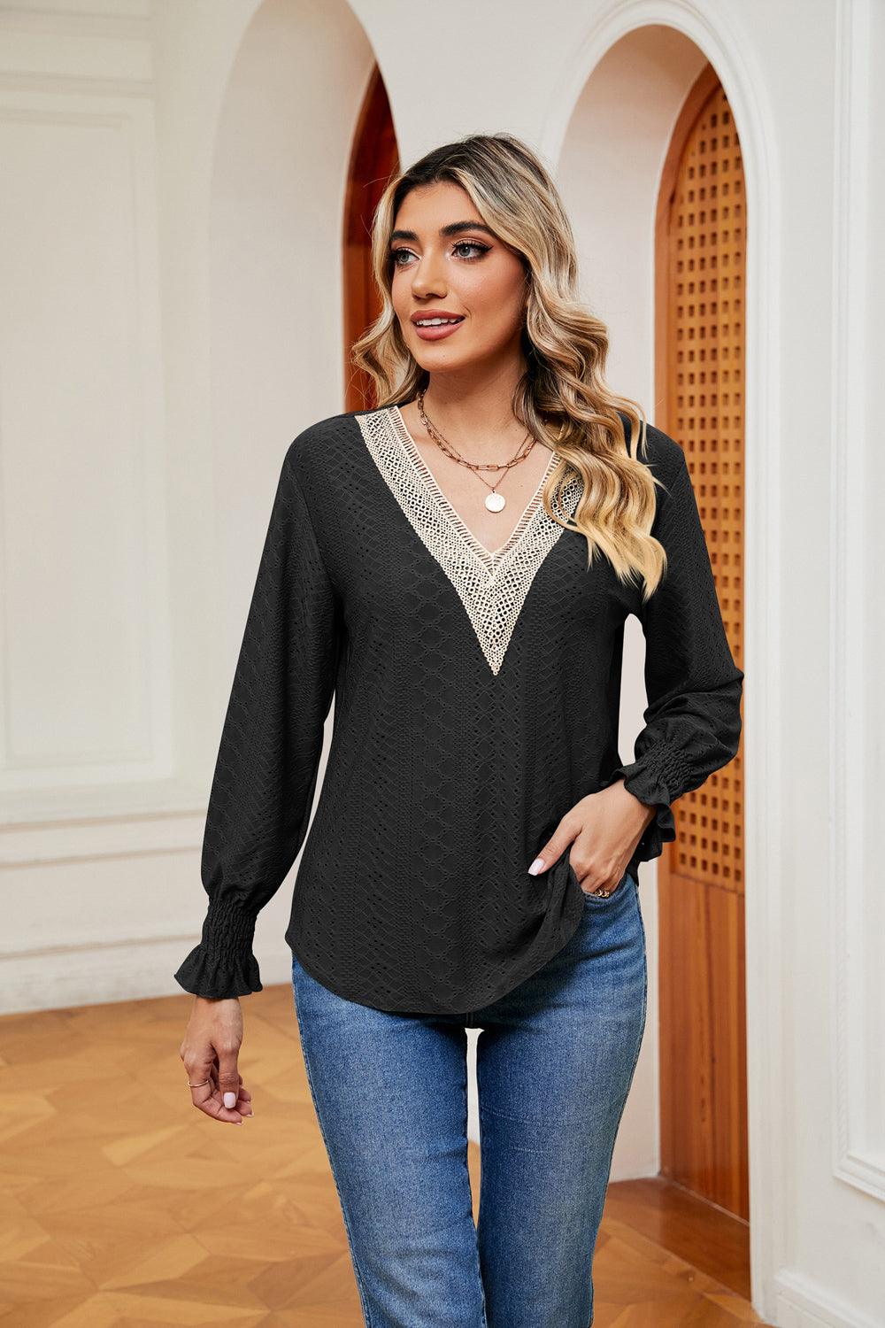 Contrast Flounce Sleeve Blouse