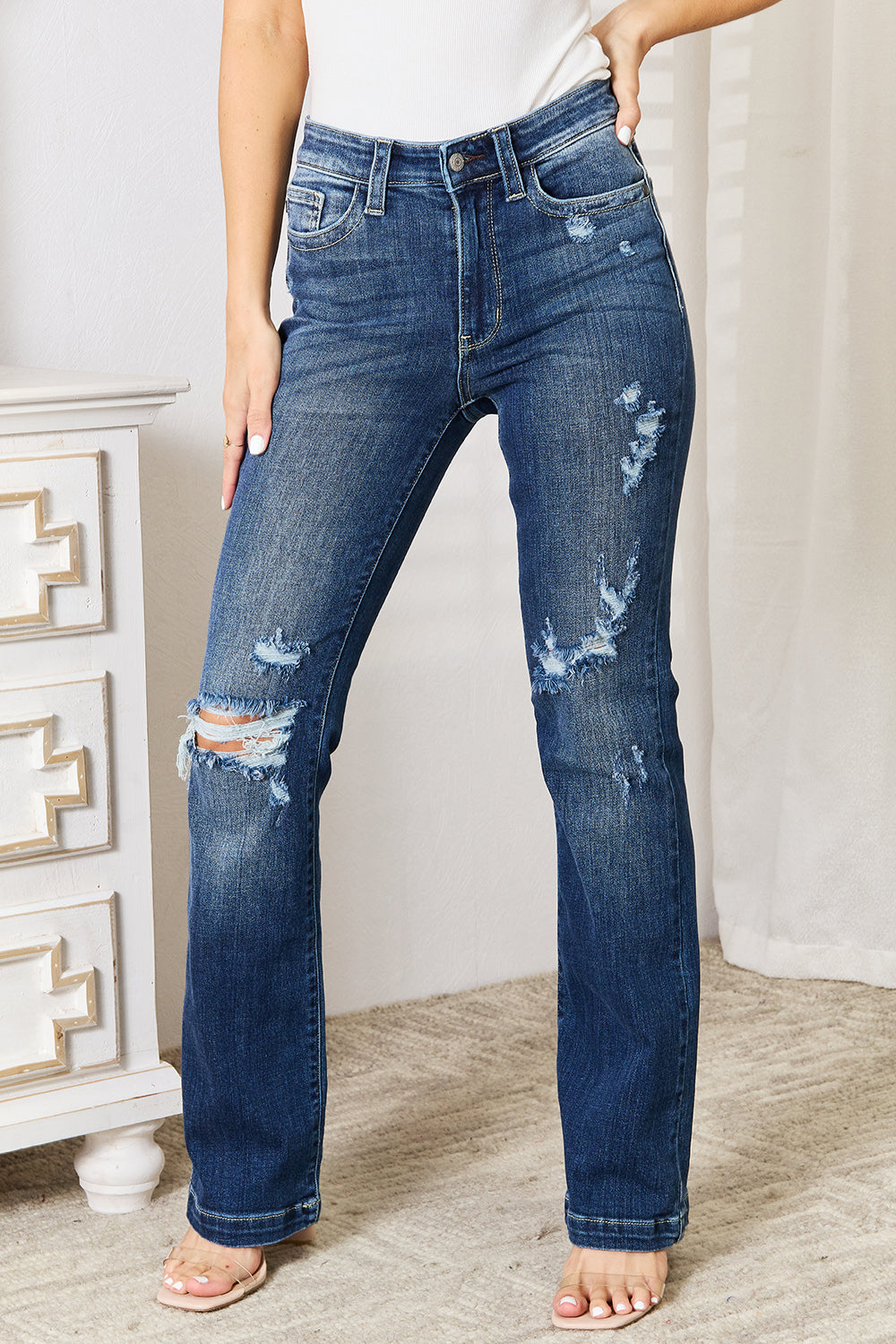 Full Size Mid Rise Hand Sand & Destroy Bootcut Jeans