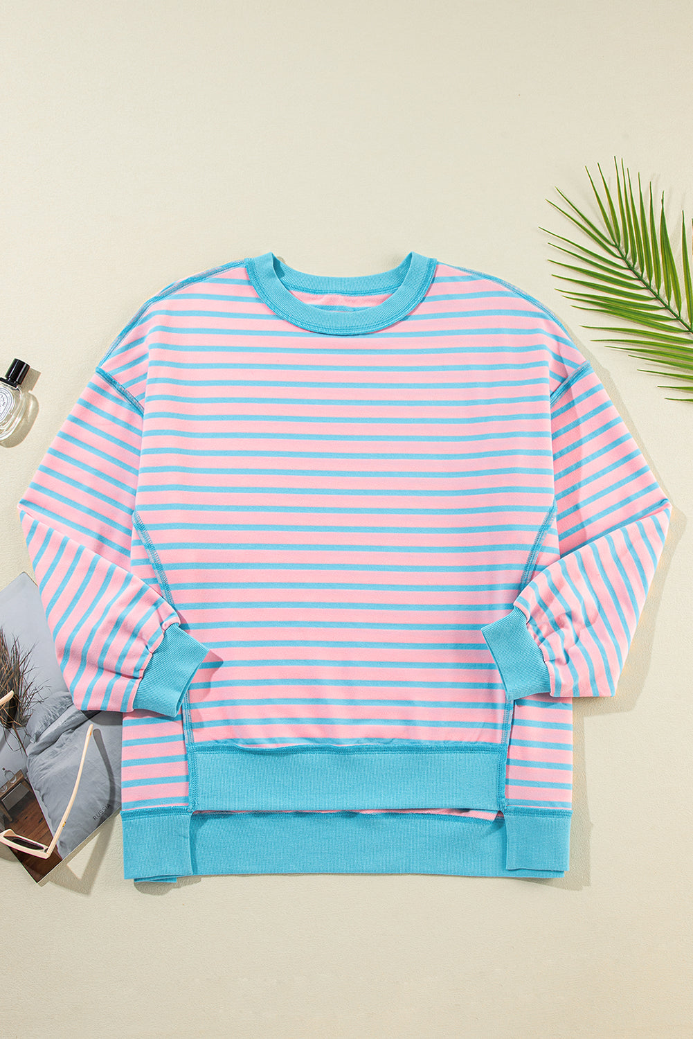 Pink Stripe Contrast Trim High Low Tunic Sweatshirt