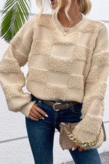 Parchment Checkered Sherpa Crew Neck Loose Sweater