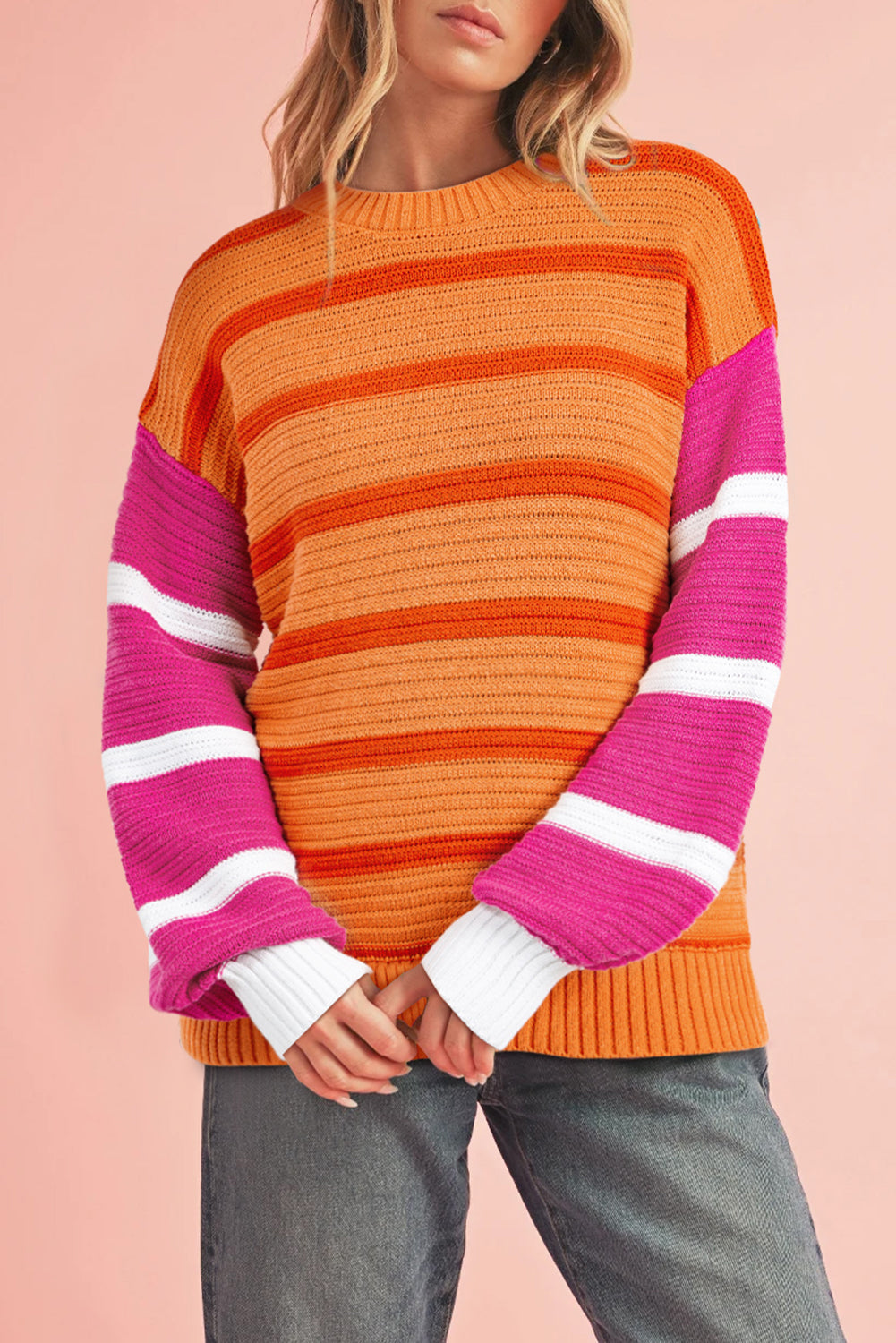 Orange Striped Colorblock Puff Sleeve Sweater