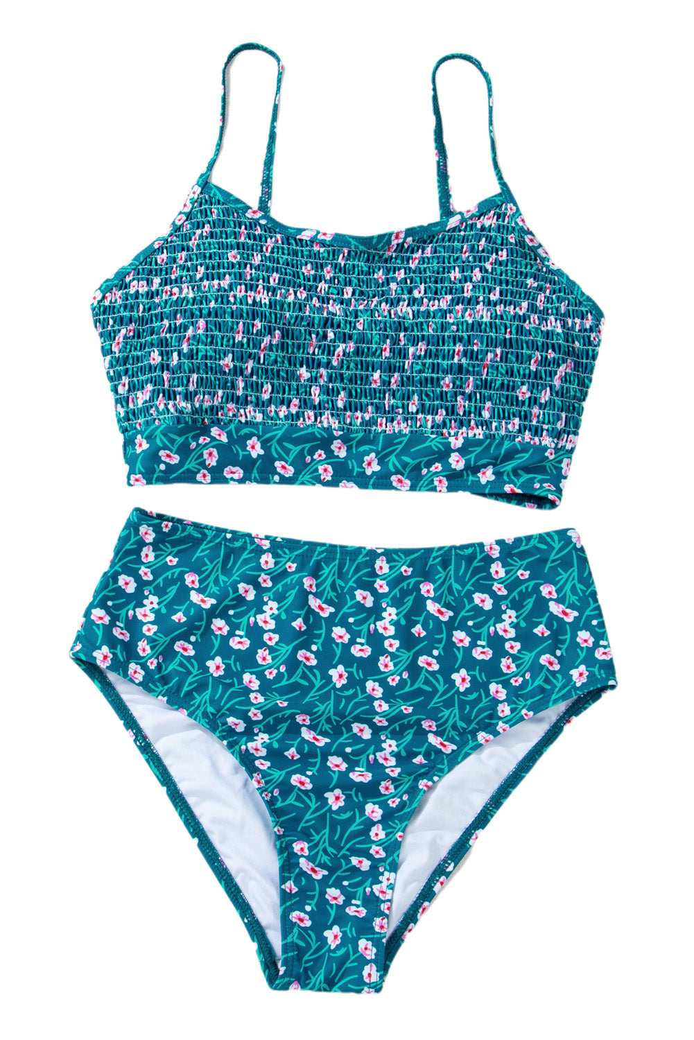 Blue Floral Print Smocked Cute Bikini Set