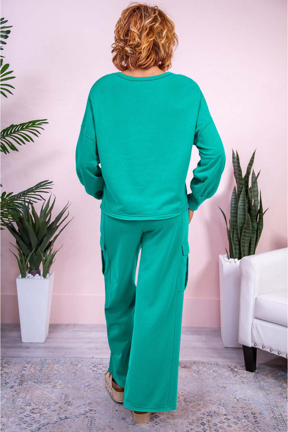 Lapis Mineral Wash Pullover and Wide Leg Cargo Pants Set