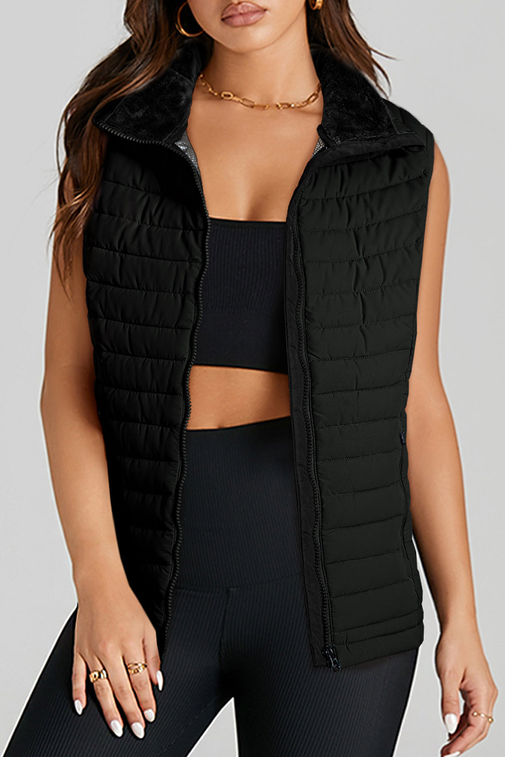 Burgundy Plush Collared Quilted Zipped Puffer Vest