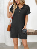 Button Detail Collared Neck Short Sleeve Romper - PD SECRET REALM