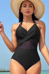 Black Halter Mesh Insert Cross Front One Piece Swimsuit