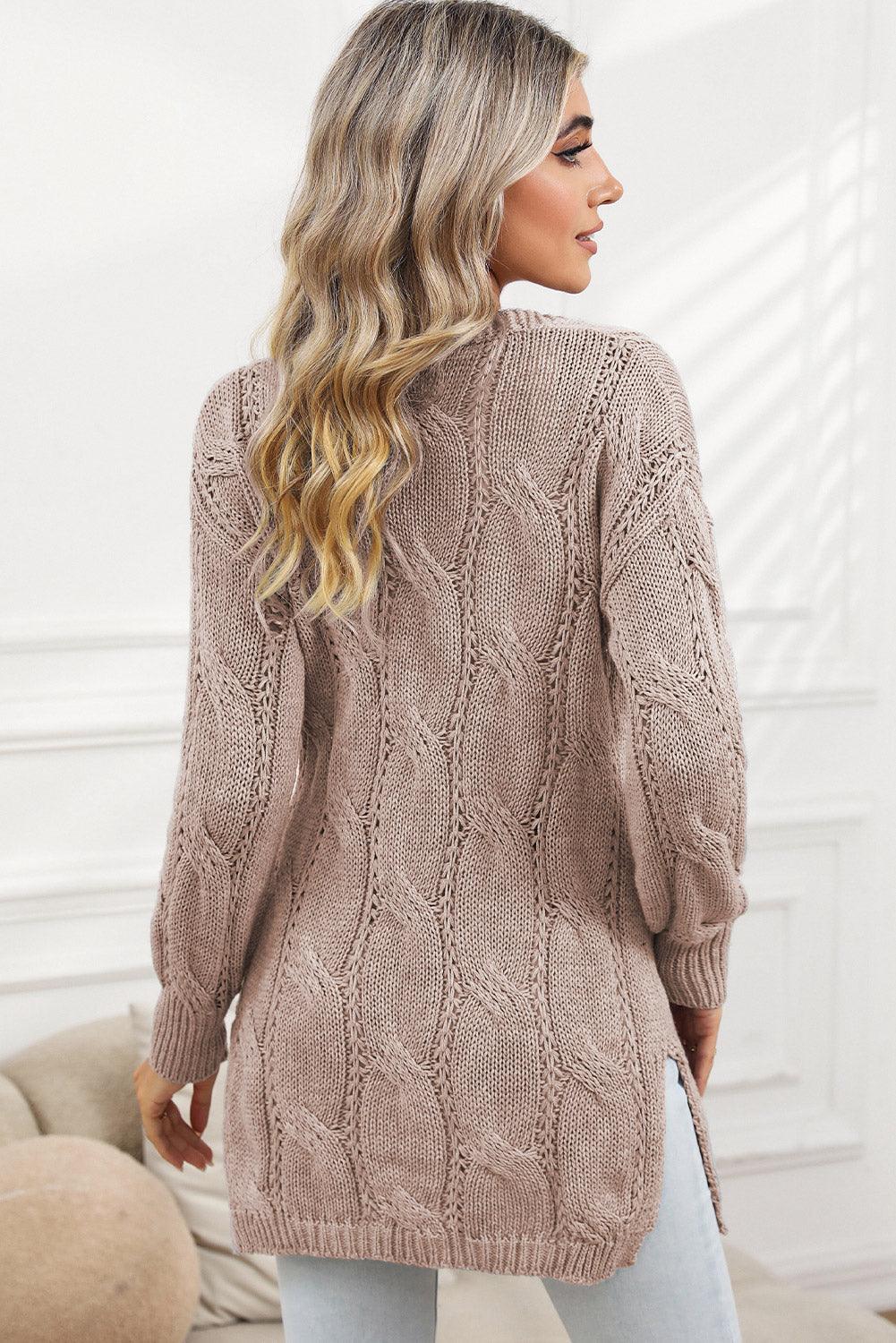 Khaki Ribbed Trim Hollow Knit Side Slits Cardigan