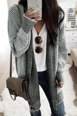 Grey Plaid Contrast Trim Casual Knit Cardigan