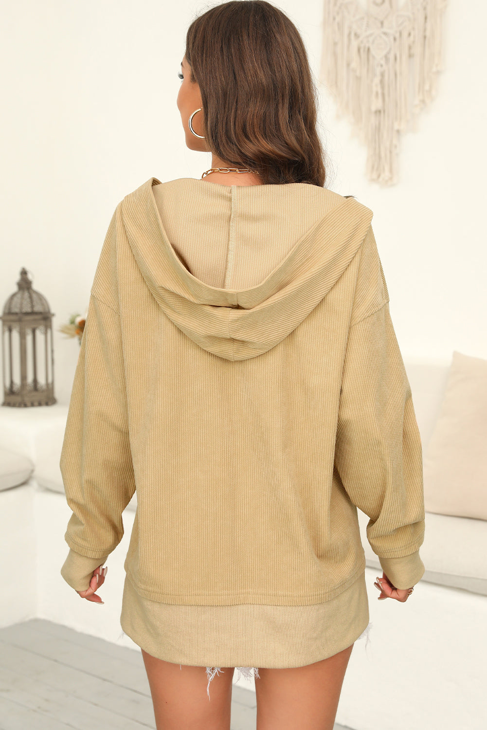 Simply Taupe Solid Ribbed Knit Buttoned Drop Shoulder Oversized Hoodie