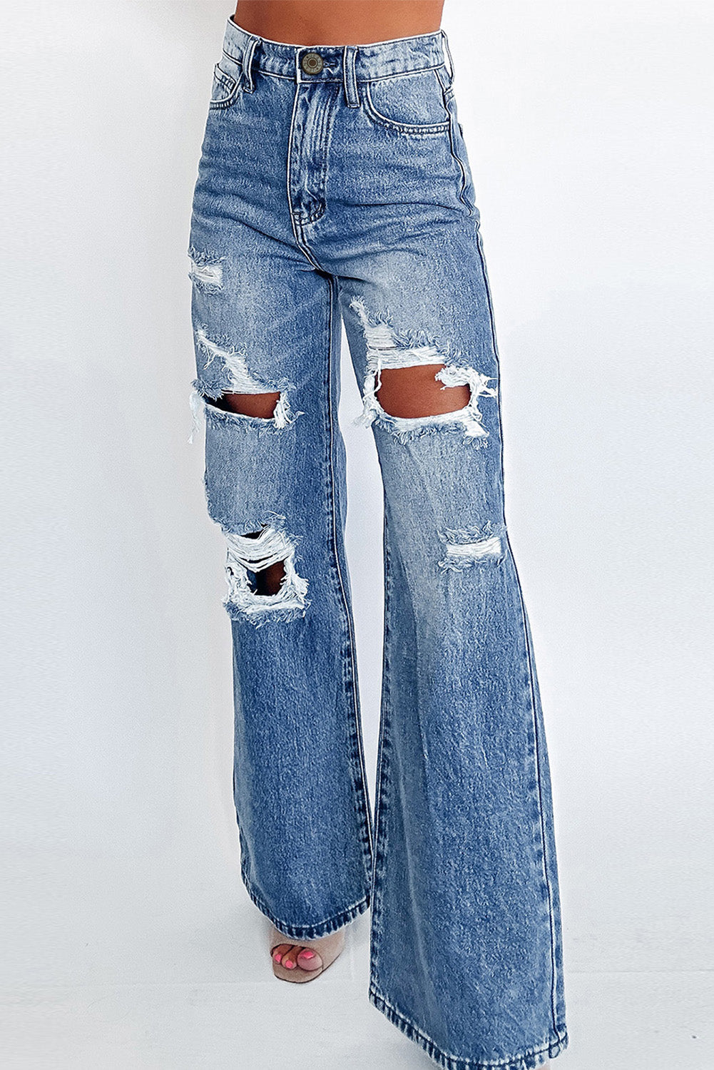 Blue Acid Wash Distressed Wide Leg High Waist Jeans