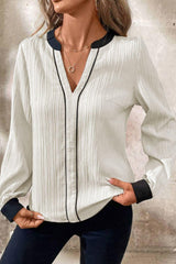 Contrast Notched Long Sleeve Blouse - PD SECRET REALM